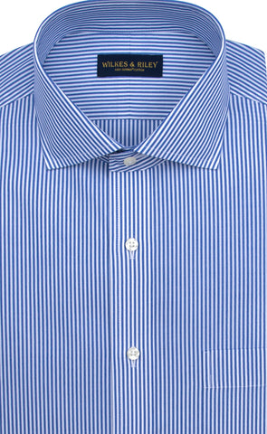 Tailored Fit Blue Bengal Stripe English Spread Collar  Supima® Cotton Non-Iron Broadcloth Dress Shirt