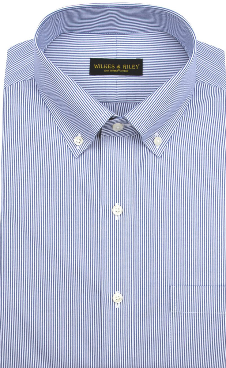 Wilkes & Riley Tailored Fit Blue Fine Line Stripe Button-Down Collar Supima® Cotton Non-Iron Pinpoint Oxford Dress Shirt