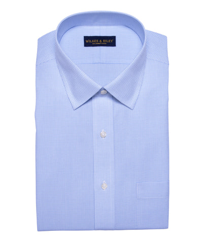 Slim Fit Blue Mini Check Spread Collar Supima® Cotton Non-Iron Broadcloth Dress Shirt