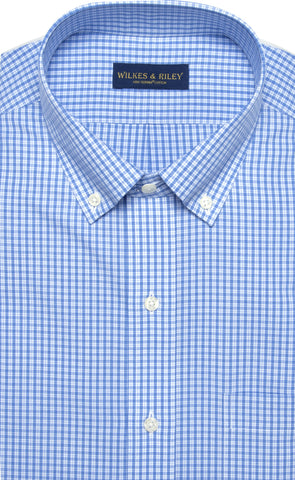 Tailored Fit Blue Plaid Button-Down Collar Supima® Cotton Non-Iron Broadcloth Dress Shirt