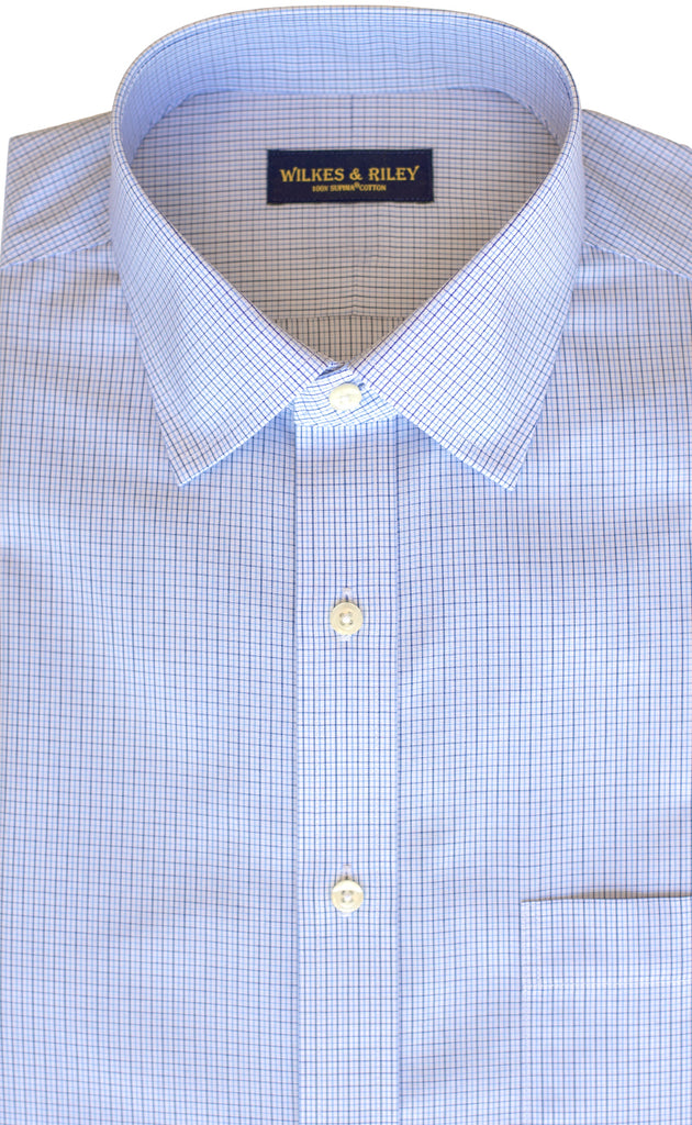 Tailored Fit Blue / Navy Microcheck Spread Collar Supima® Cotton Non-Iron Broadcloth Dress Shirt