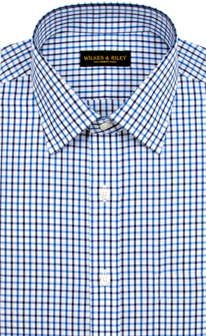 Slim Fit Blue / Navy Tattersall English Spread Collar Supima® Cotton Non-Iron Broadcloth Dress Shirt