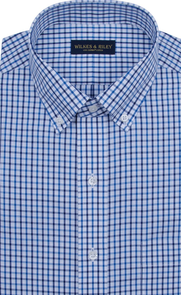 Wilkes & Riley Classic Fit Blue / Navy Tattersall Button-Down Collar Supima® Cotton Non-Iron Sport Shirt
