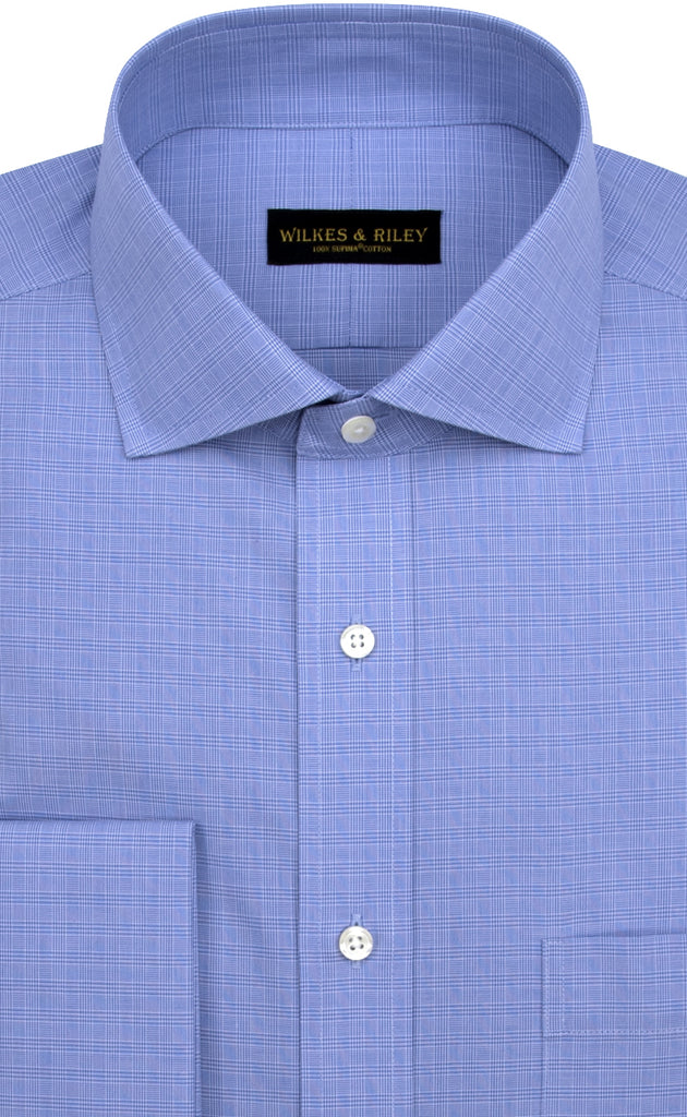 Wilkes and Riley Tailored Fit Lt Blue Plaid English Spread Collar French Cuff Supima® cotton Non-Iron Broadcloth Dress Shirt