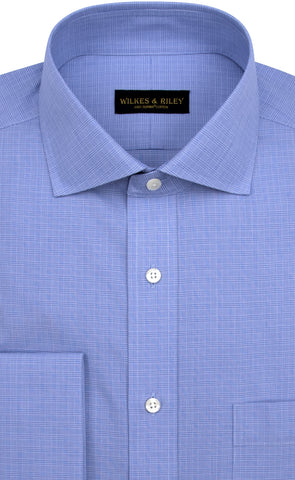 Wilkes and Riley Slim Fit Blue Micro Plaid English Spread Collar French Cuff Supima® Cotton Non-Iron Broadcloth Dress Shirt