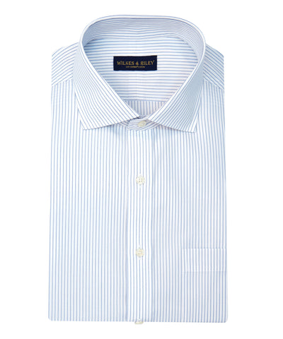 Slim Fit White Ground Blue Stripe English Spread Collar Supima® Cotton Non-Iron Broadcloth Dress Shirt