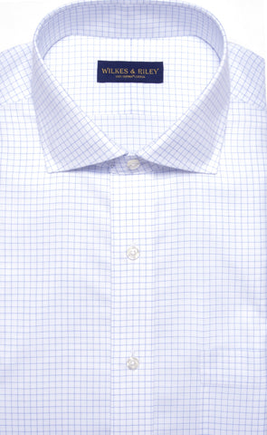 Classic Fit Blue Check English Spread Collar Supima® Cotton Non-Iron Twill Dress Shirt