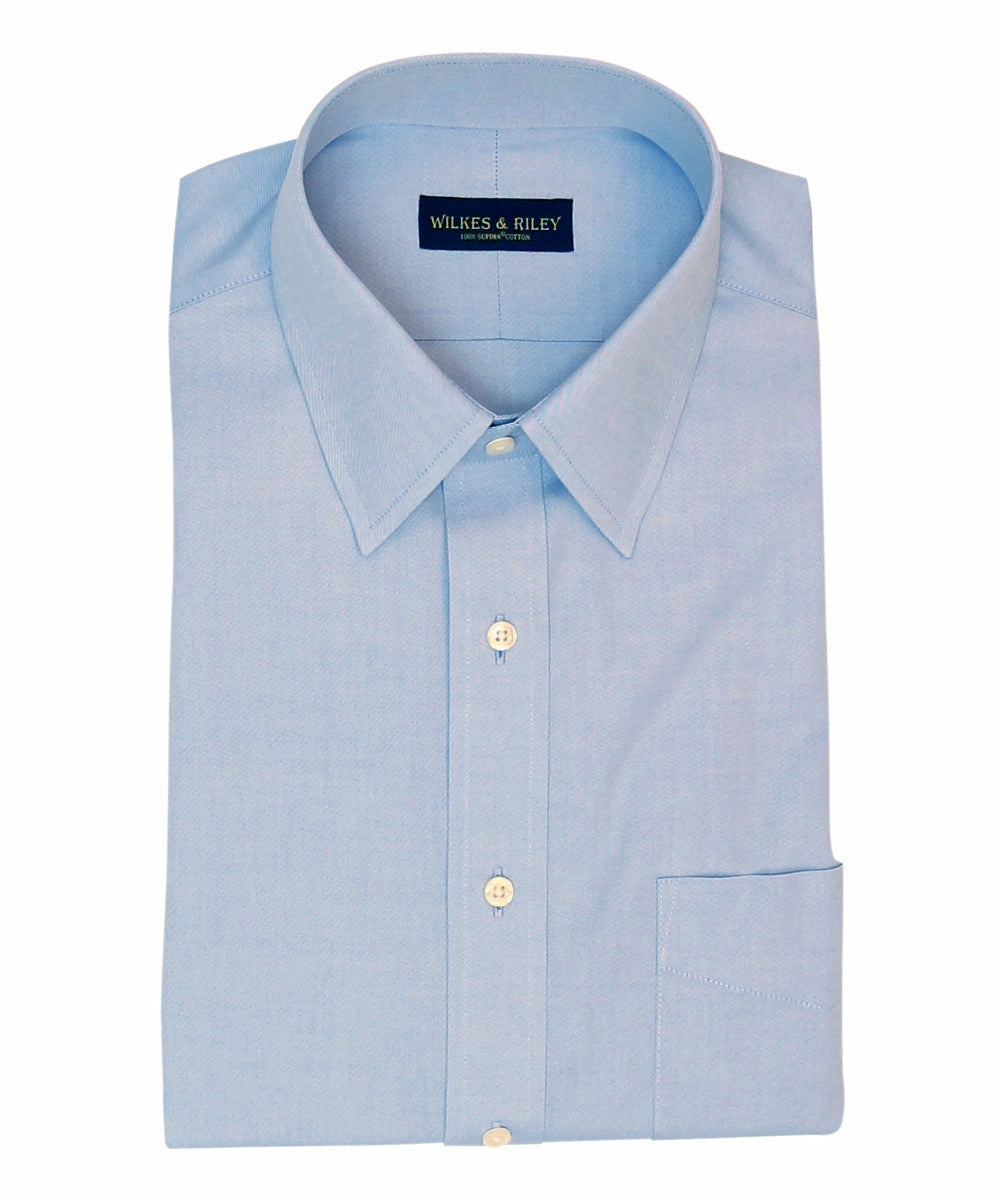 Tailored Fit Blue Solid Point Collar Supima® Cotton Non-Iron Pinpoint Oxford Dress Shirt