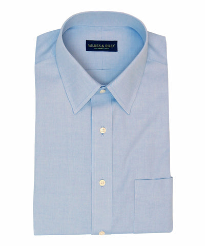 Classic Fit Blue Solid Point Collar Supima® Cotton Non-Iron Pinpoint Oxford Dress Shirt