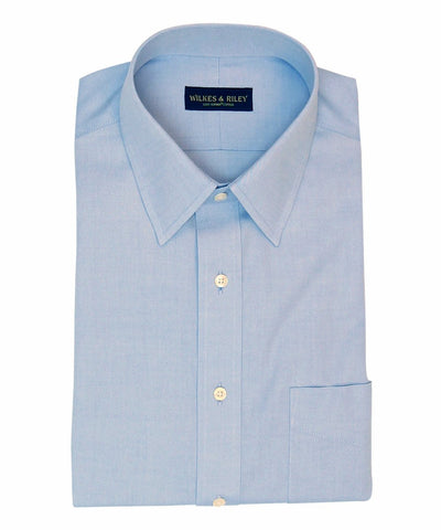 Tailored Fit Blue Solid Point Collar Supima® Cotton Non-Iron Pinpoint Oxford Dress Shirt (B/T)