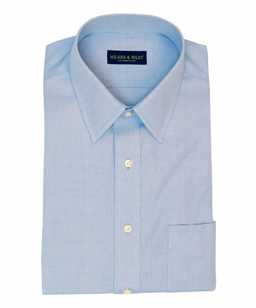 Slim Fit Blue Solid Point Collar Supima® Cotton Non-Iron Pinpoint Oxford Dress Shirt