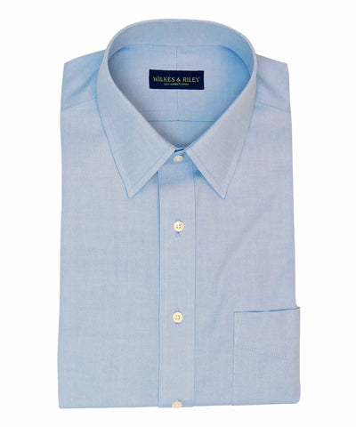 Tailored Fit Blue Solid Point Collar Supima® Cotton Non-Iron Pinpoint Oxford Dress Shirt