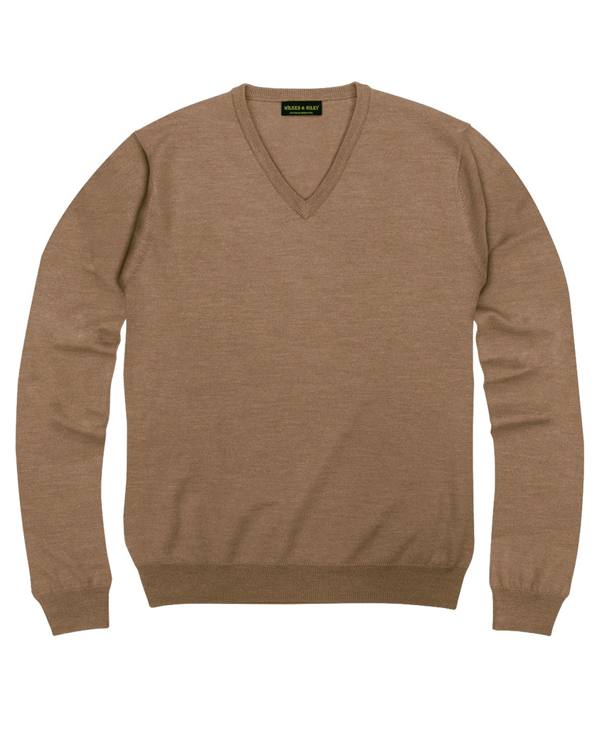 100% Pure Merino Wool Zegna Baruffa V-Neck Sweater - Camel
