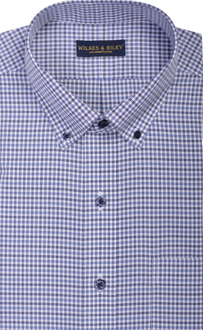 Classic Fit Blue & Dark Grey Check Button - Down Collar Supima® Non - Iron Cotton Broadcloth Sport Shirt - Wilkes & Riley, LLC