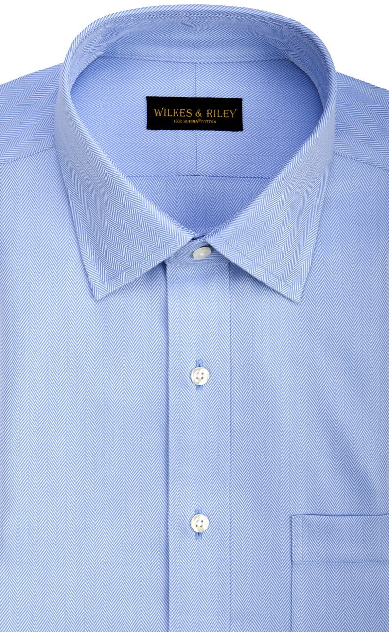 Classic Fit Blue Herringbone Spread Collar Supima® Cotton Non - Iron Dress Shirt (B/T) - Wilkes & Riley, LLC