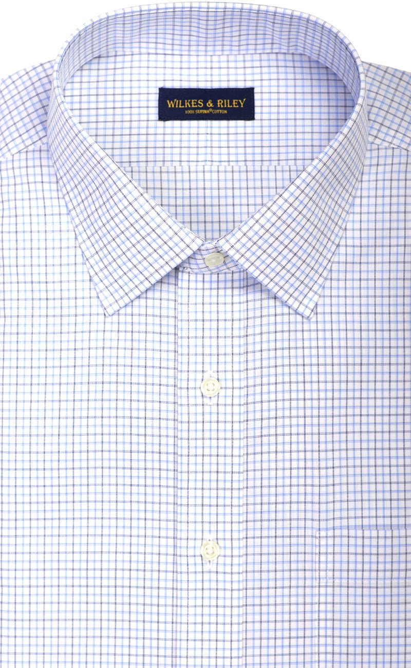 Classic Fit Blue / Navy Check Spread Collar Supima® Cotton Non - Iron Broadcloth Dress Shirt - Wilkes & Riley, LLC