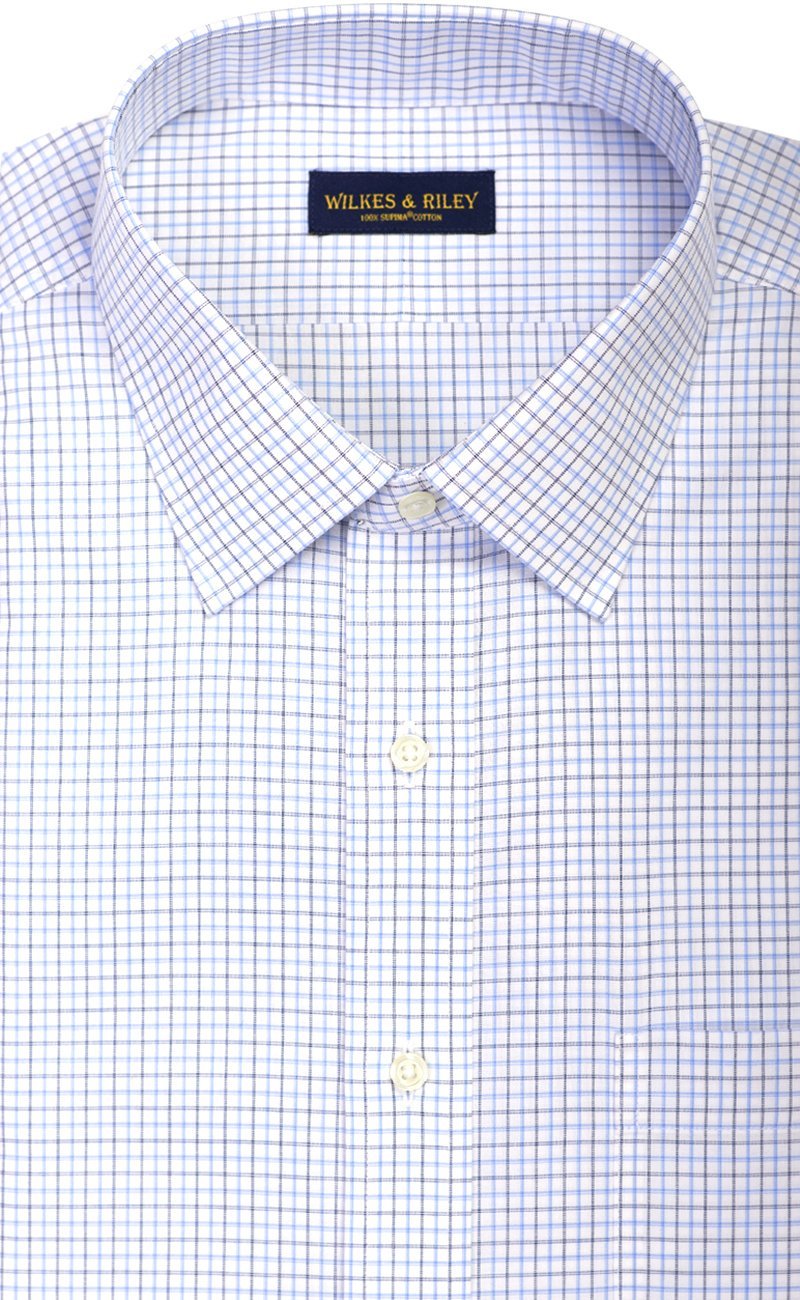 Classic Fit Blue / Navy Check Spread Collar Supima® Cotton Non - Iron Broadcloth Dress Shirt (B/T) - Wilkes & Riley, LLC