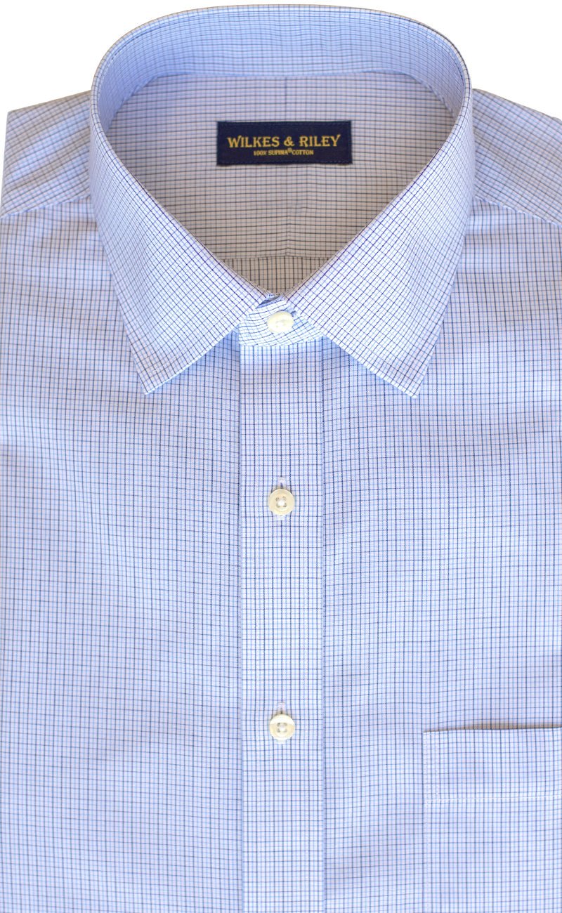 Classic Fit Blue / Navy Microcheck Spread Collar Supima® Cotton Non - Iron Broadcloth Dress Shirt - Wilkes & Riley, LLC