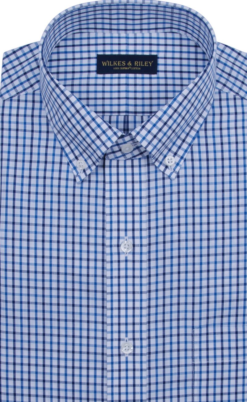 Classic Fit Blue / Navy Tattersall Button - Down Collar Supima® Cotton Non - Iron Broadcloth Sport Shirt - Wilkes & Riley, LLC