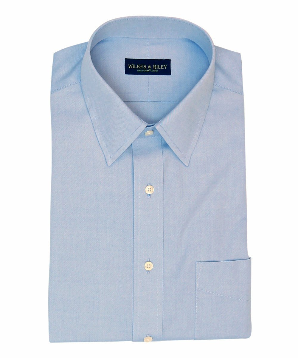 Classic Fit Blue Solid Point Collar Supima® Cotton Non - Iron Pinpoint Oxford Dress Shirt - Wilkes & Riley, LLC