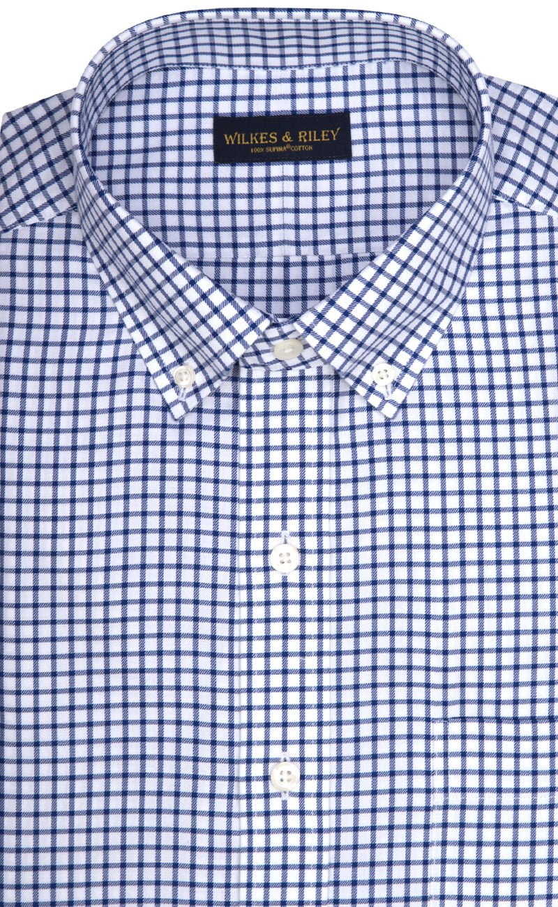 Classic Fit Blue Twill Check Button - Down Collar Supima® Cotton Non - Iron Sport Shirt - Wilkes & Riley, LLC