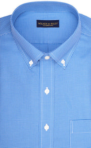 Classic Fit Blue Twill Mini Check Button - Down Collar Supima® Cotton Non - Iron Sport Shirt - Wilkes & Riley, LLC