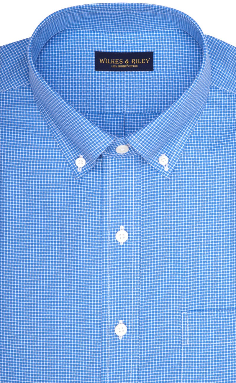 Classic Fit Blue Twill Mini Check Button - Down Collar Supima® Cotton Non - Iron Sport Shirt - Wilkes & Riley, LLC