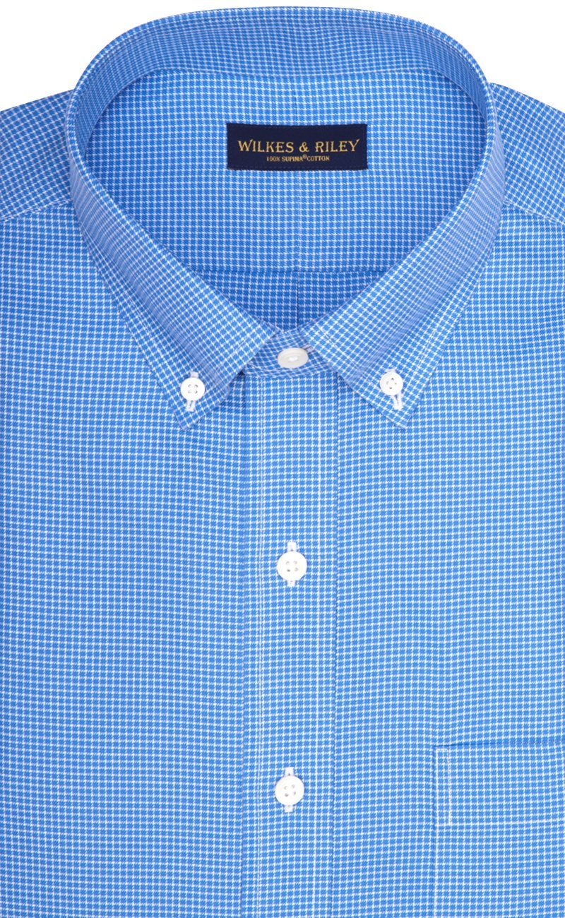 Classic Fit Blue Twill Mini Check Button - Down Collar Supima® Cotton Non - Iron Sport Shirt (B/T) - Wilkes & Riley, LLC