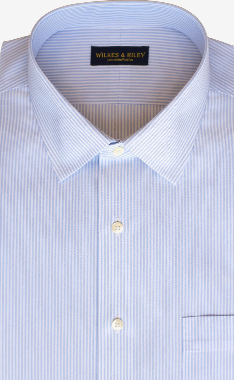 Classic Fit Light Blue End On End Stripe Spread Collar Supima® Cotton Non - Iron broadcloth Dress Shirt - Wilkes & Riley, LLC