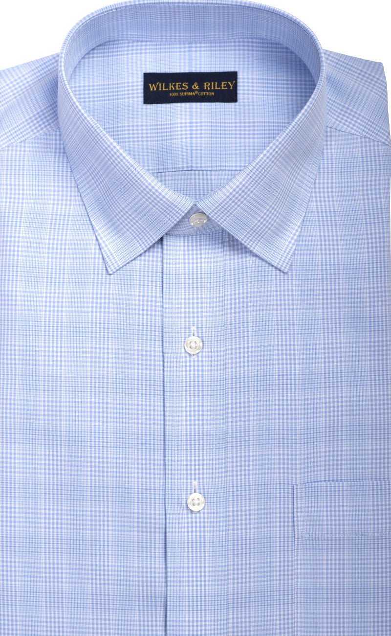 Classic Fit Light Blue Glen Plaid Spread Collar Supima® Cotton Non - Iron Broadcloth Dress Shirt - Wilkes & Riley, LLC
