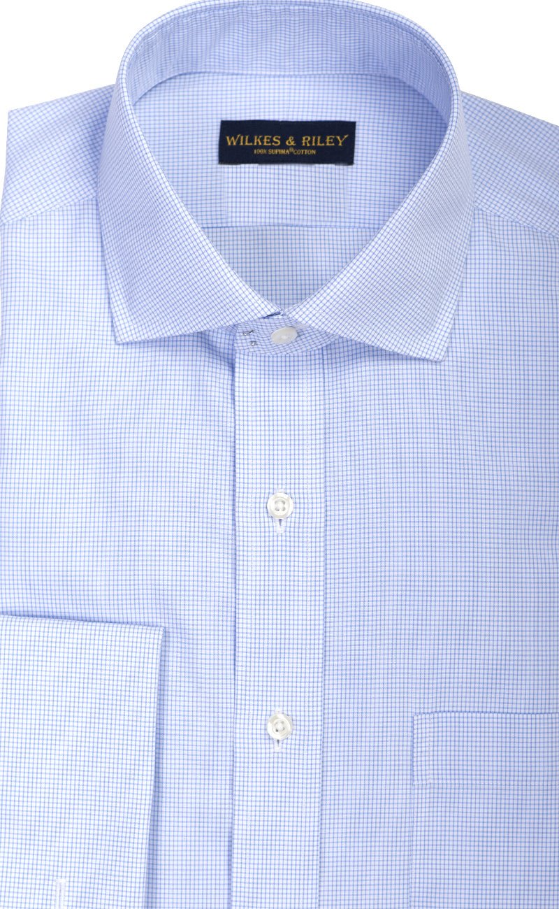Classic Fit Non Iron Blue Micro Check English Spread Collar French Cuff Supima® Cotton Dress Shirt - Wilkes & Riley, LLC