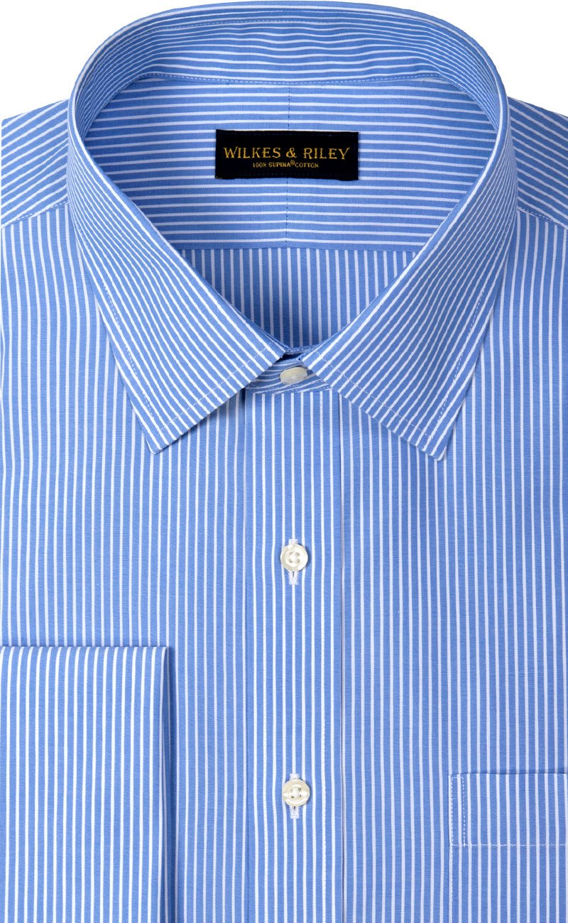 Classic Fit Non Iron Blue Reverse Stripe Spread Collar French Cuff Supima® Cotton Dress Shirt - Wilkes & Riley, LLC