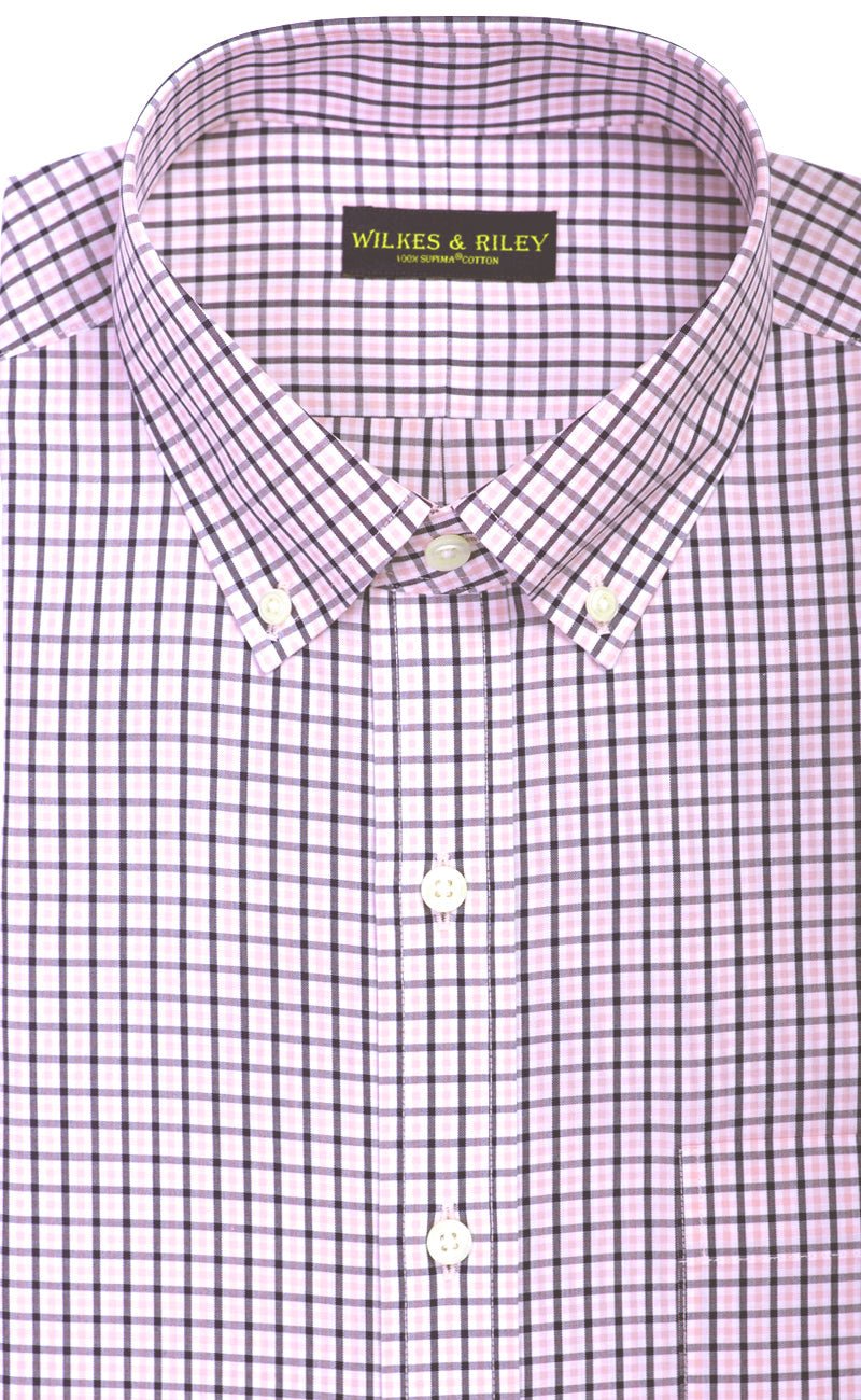 Classic Fit Pink / Navy check Button - Down Collar Supima® Non - Iron Cotton Broadcloth Sport Shirt - Wilkes & Riley, LLC