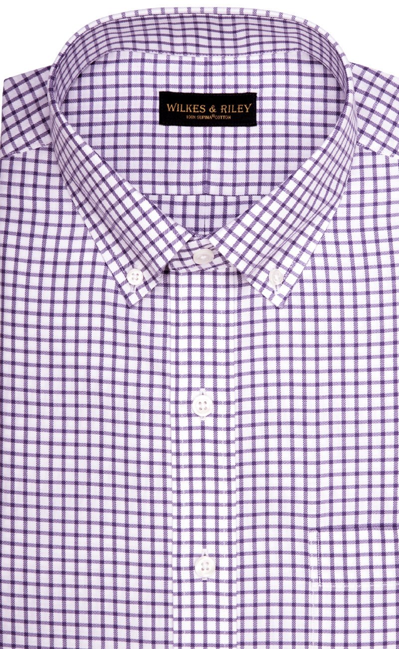 Classic Fit Purple Twill Check Button - Down Collar Supima® Cotton Non - Iron Sport Shirt - Wilkes & Riley, LLC
