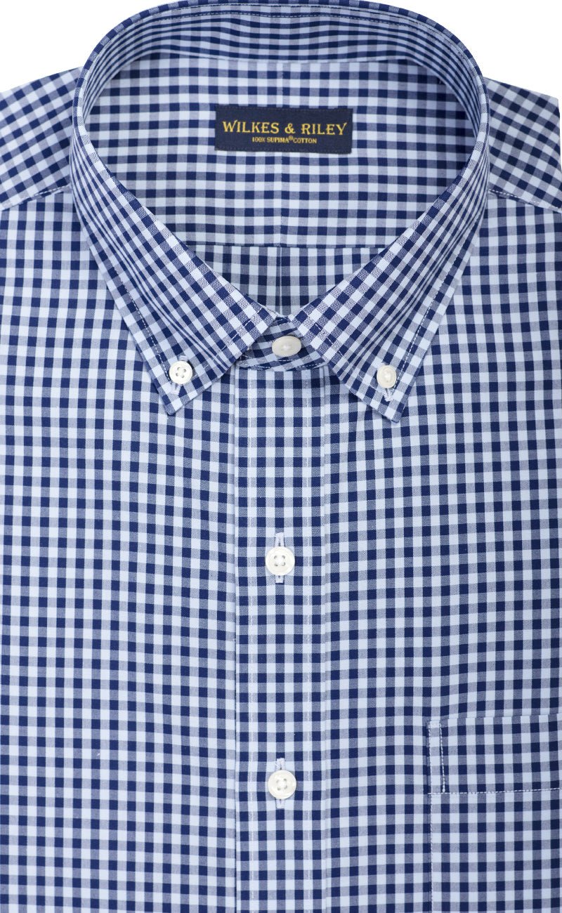 Classic Fit Sky / Navy Large Gingham Check Button - Down Collar Supima® Non - Iron Cotton Broadcloth Sport Shirt - Wilkes & Riley, LLC