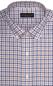 Classic Fit Tan / Navy Twill Check Button - Down Collar Supima® Cotton Non - Iron Sport Shirt - Wilkes & Riley, LLC