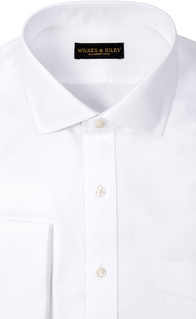 Classic Fit White English Spread Collar French Cuff Supima® Cotton Non - Iron Basketweave Dress Shirt (B/T) - Wilkes & Riley, LLC