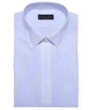 Classic Fit White Ground Blue Stripe Spread Collar Supima® Cotton Non - Iron Broadcloth - Wilkes & Riley, LLC