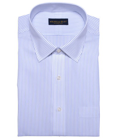 Classic Fit White Ground Blue Stripe Spread Collar Supima® Cotton Non-Iron Broadcloth