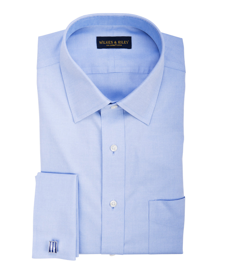 Tailored Fit Blue Solid Spread Collar French Cuff Supima® Cotton Non-Iron Pinpoint Oxford Dress Shirt