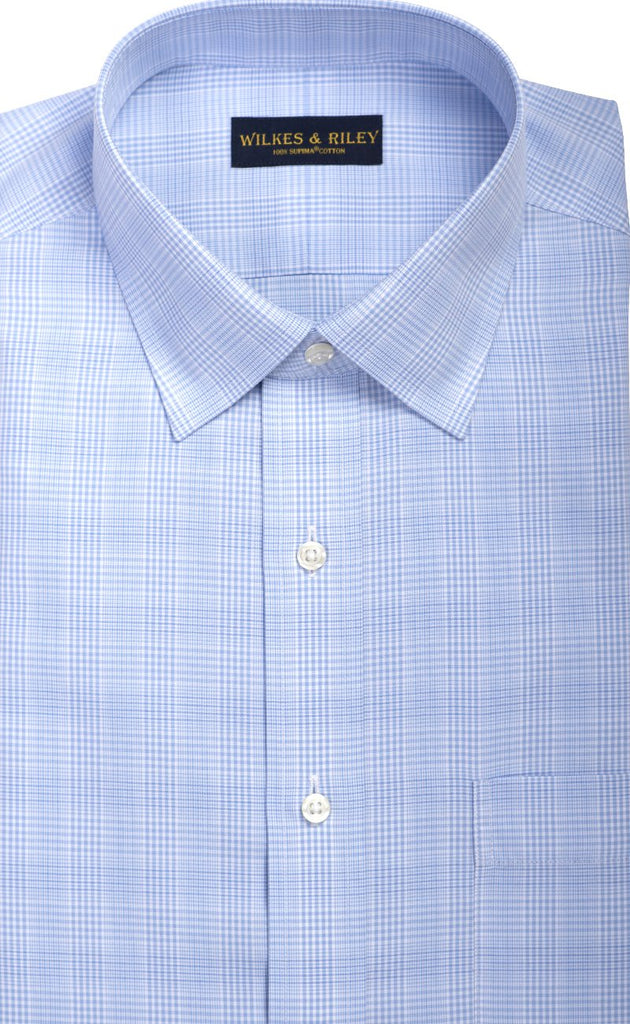 Tailored Fit Light Blue Glen Plaid Spread Collar  Supima® Cotton Non-Iron Broadcloth Dress Shirt