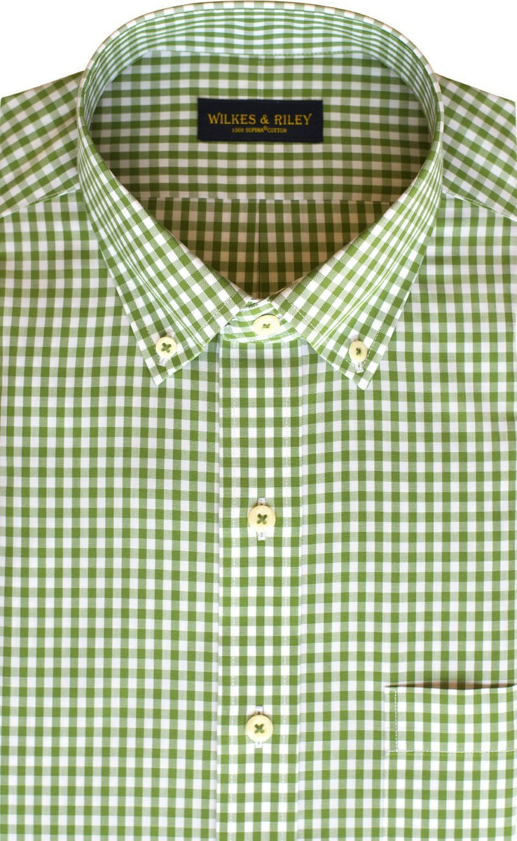 Tailored Fit Green Gingham Button-Down Collar Supima® Non-Iron Cotton Broadcloth Sport Shirt (B/T)
