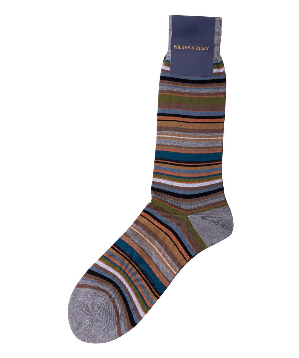 Green, Grey, Teal Multi Stripe Cotton - Mid Calf