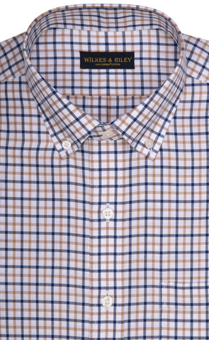 Classic Fit Tan / Navy Twill Check Button-Down Collar Supima® Cotton Non-Iron Sport Shirt (B/T)