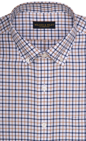 Tailored Fit Tan / Navy Twill Check Supima® Cotton Non-Iron Button-Down Collar Sport Shirt