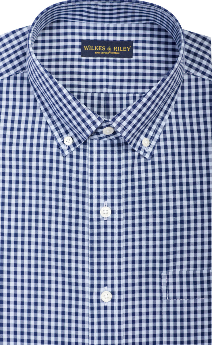 Slim Fit Navy & Sky Large Gingham Check Button Down Collar Supima® Cotton Non-Iron Broadcloth