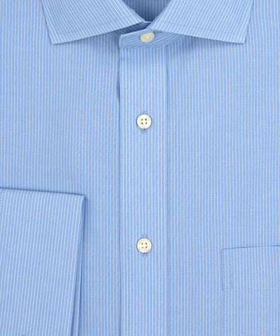 Wilkes and Riley Tailored Fit Lt Blue Fine Line English Spread Collar French Cuff Supima® Cotton Non-Iron Broadcloth Dress Shirt. Close up of buttons