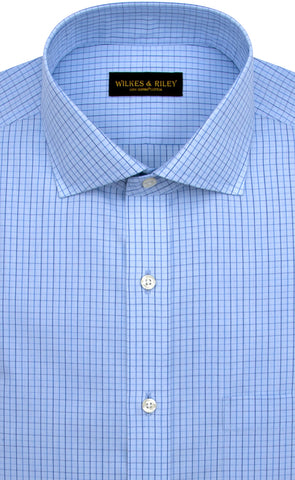 Slim Fit Light Blue Ground Navy Check English Spread Collar Supima® Cotton Non-Iron Broadcloth
