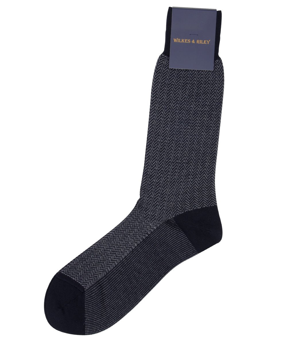 Navy Herringbone Mid Calf Zegna Baruffa Merino Wool - Wilkes & Riley, LLC