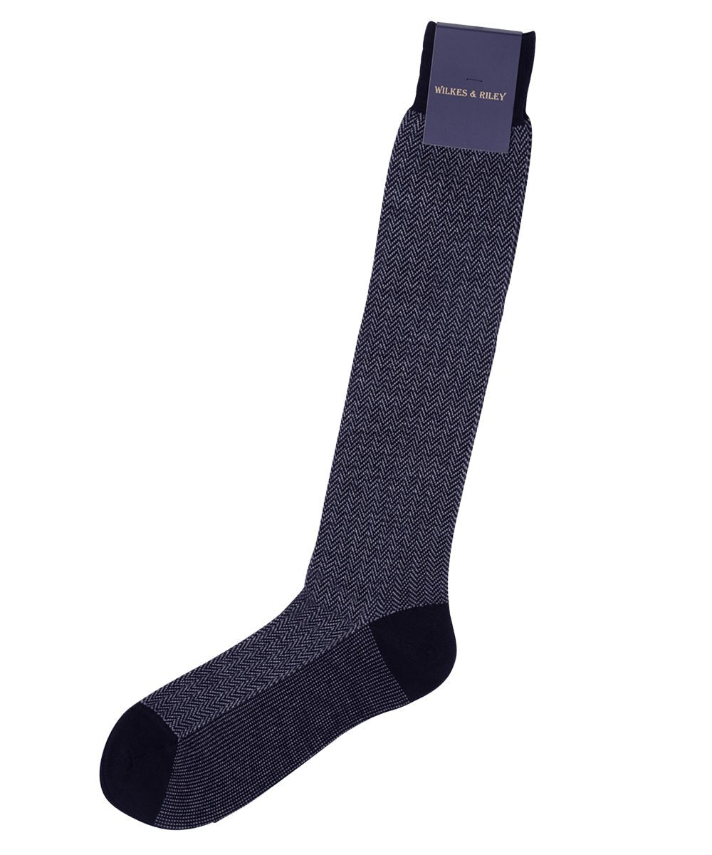 Navy Herringbone Zegna Baruffa Merino Wool - Over the Calf sock - Wilkes & Riley, LLC